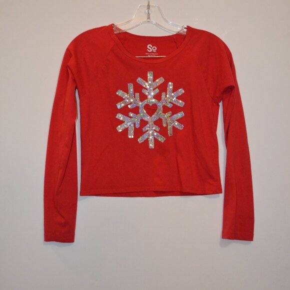 SO Sequences Silver Snowflake Indonesia Long Sleeves Short Body Red Tee M(10-12) - Picture 1 of 5
